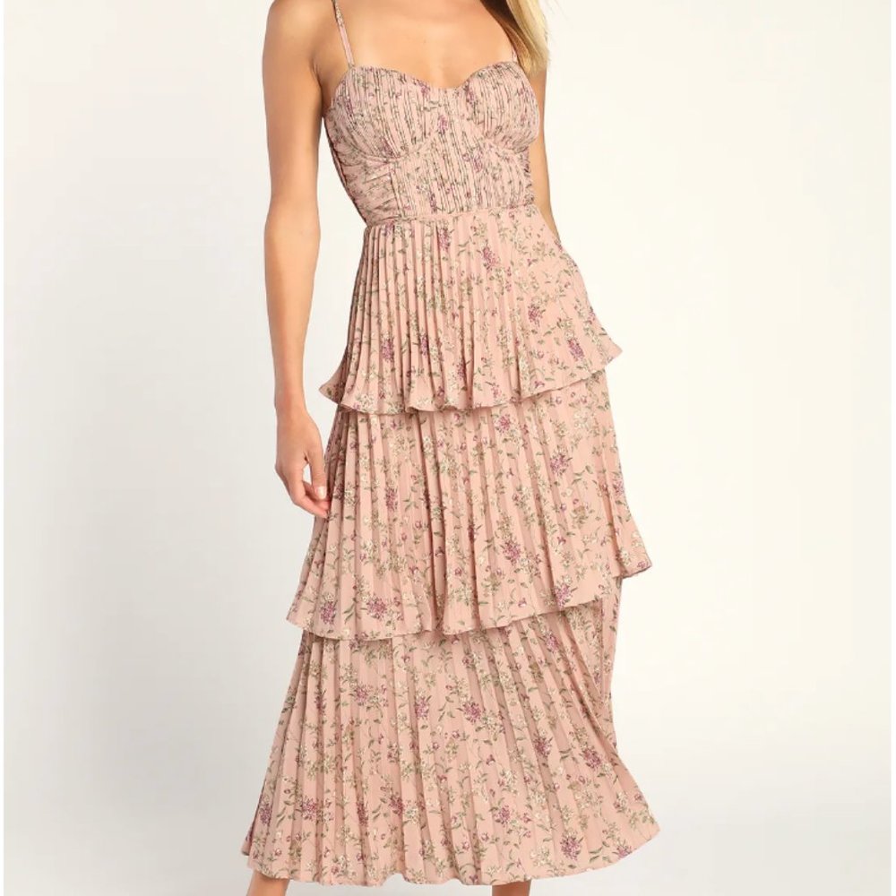 Lulus Cascading Crush Pink Floral Print Tiered Bustier Midi Dress - worn once